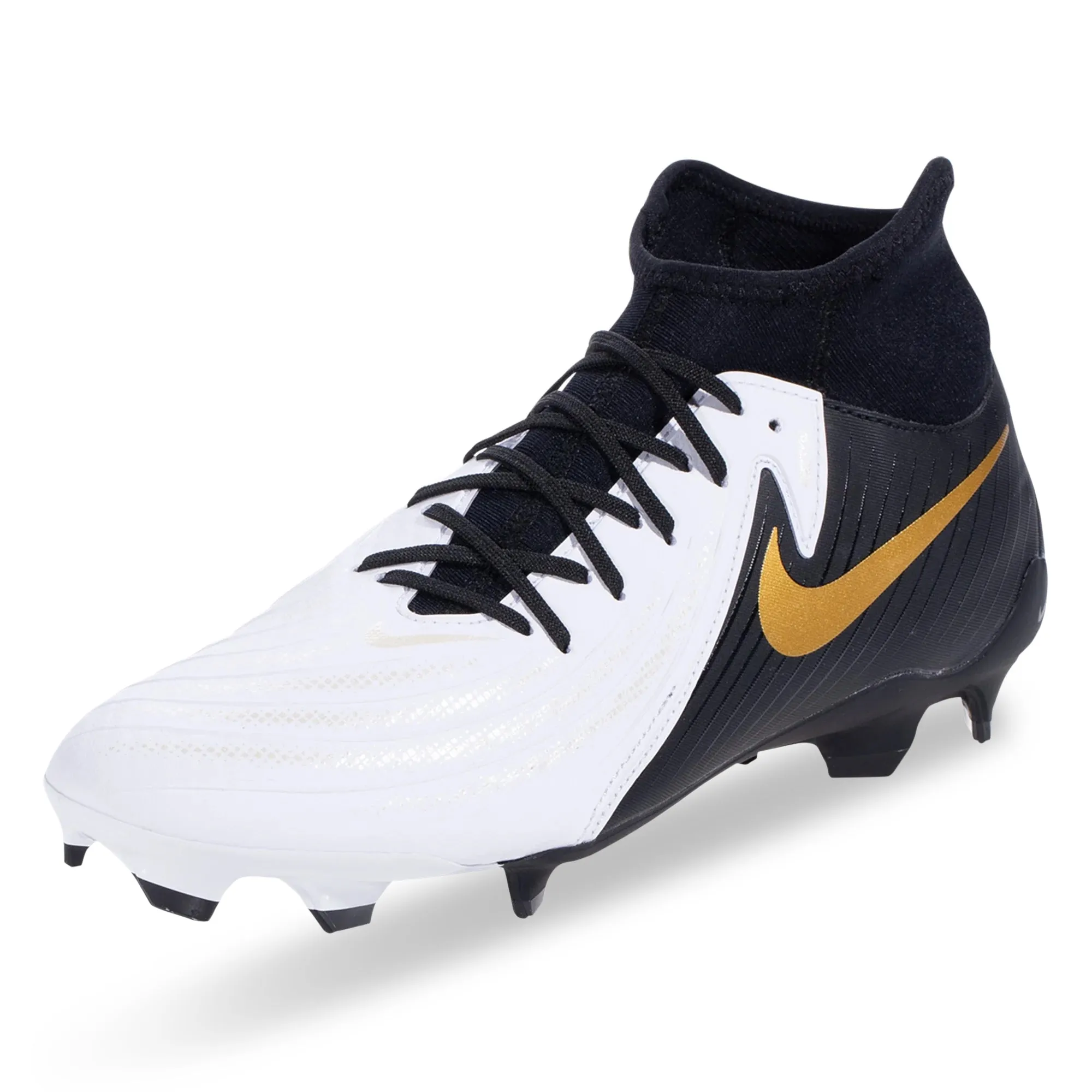 Contoured Nike Phantom Luna II Academy FG/MG Soccer Cleats (White/Black-Metallic Gold Coin)