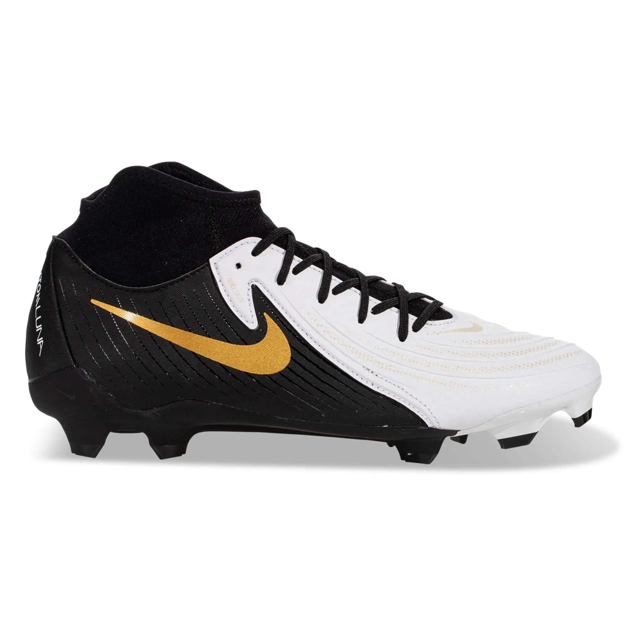 non - removable lining shoes Nike Phantom Luna II Academy FG/MG Soccer Cleats (White/Black-Metallic Gold Coin)