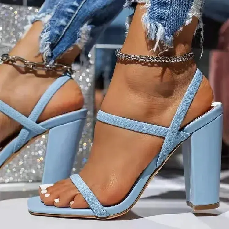 European American Trendy Thick Heel Sandals for Women's 2024 Summer New High Heel Design with Fine Strap Sandals Zapatos Mujer Asymmetric Lacing