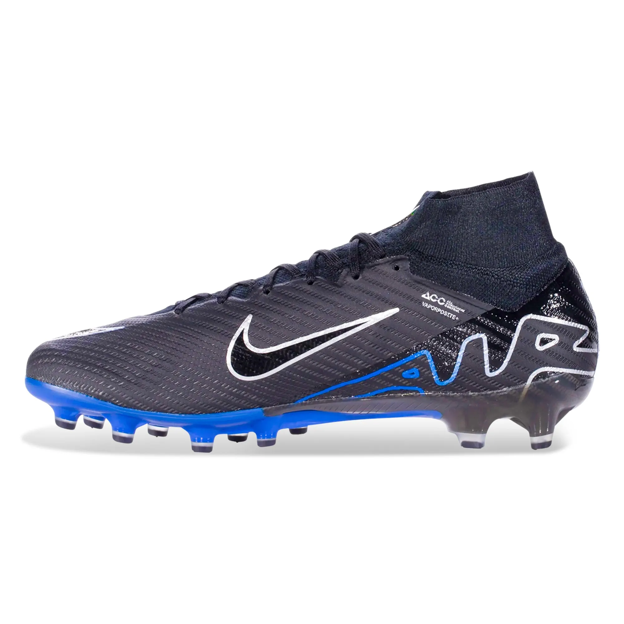 dry conditions Nike Zoom Superfly 9 Elite AG-Pro Soccer Cleats (Black/Chrome-Hyper Royal)