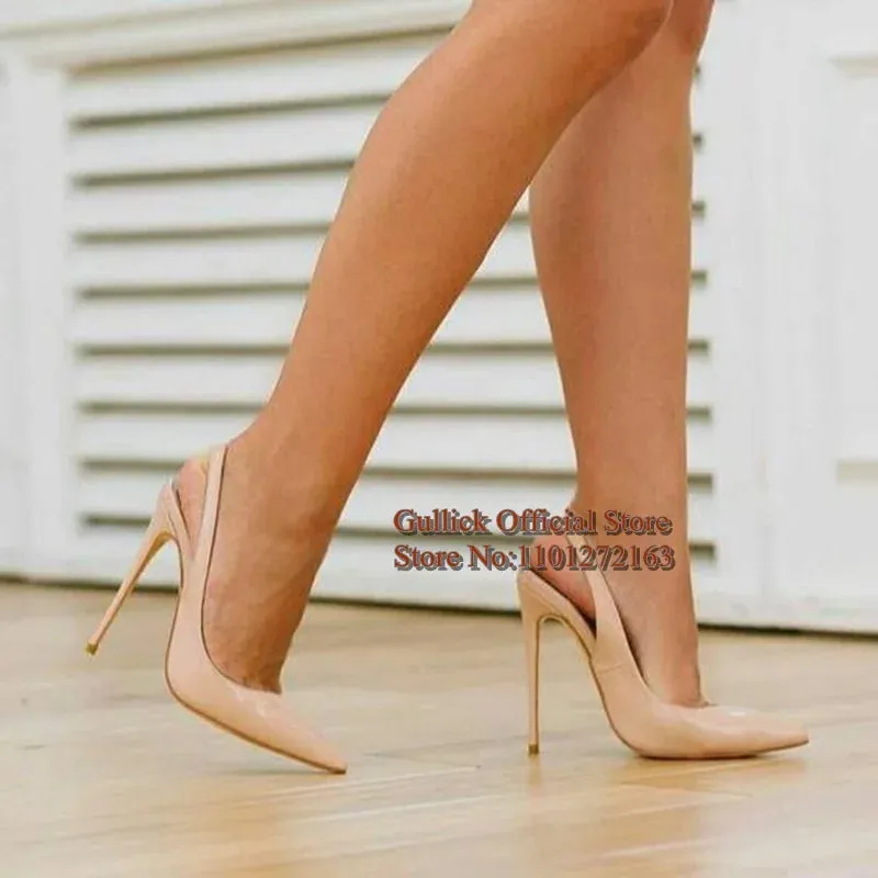Compression Molded EVA Water resistant coating Plus Size 45 Black Patent Leather Pointy Toe Women Slingback Shoes 12CM 10CM 8CM Elastic Band Thin Heel Spring Autumn Dress Shoe