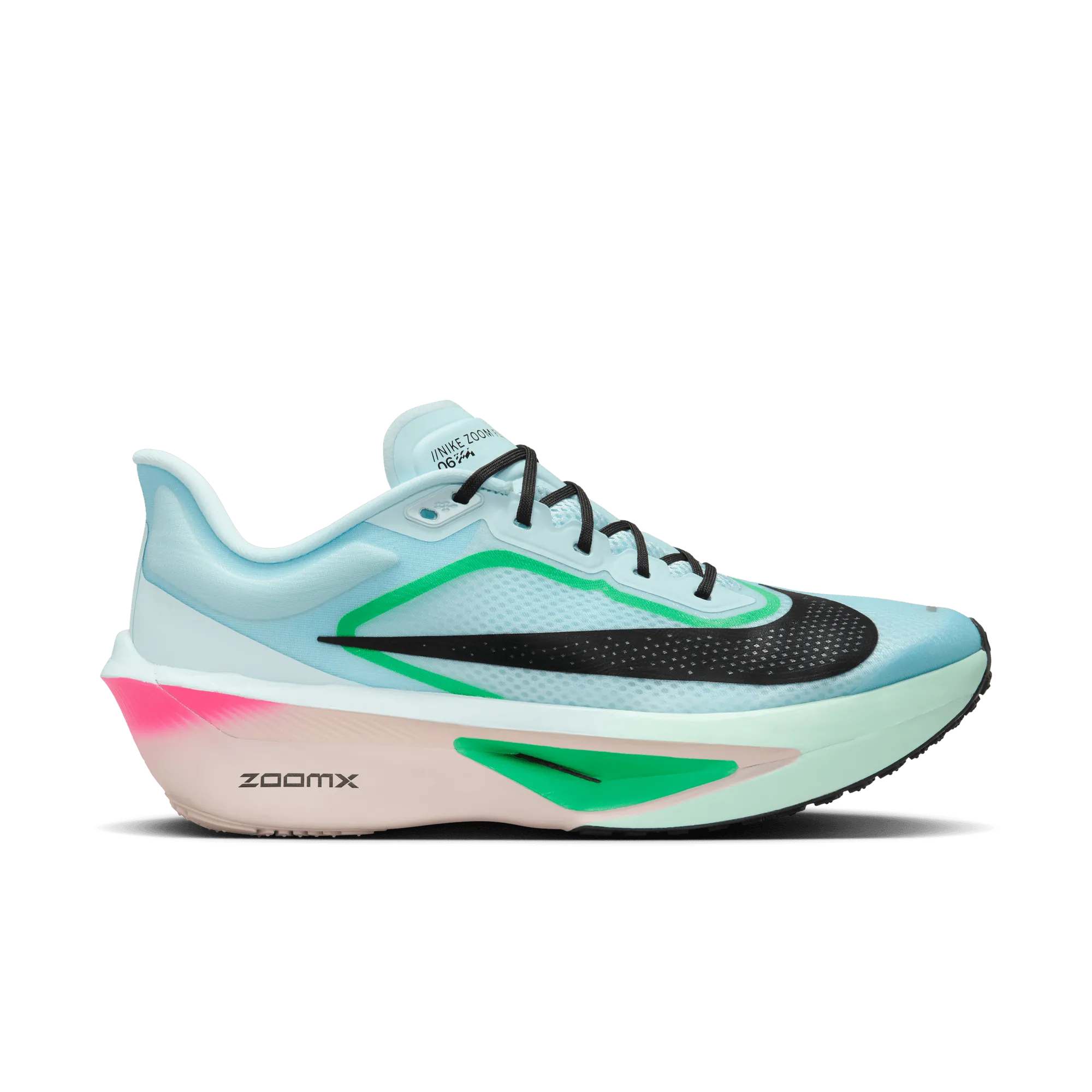 running in a basketball court area shoes red shoes WOMEN'S ZOOM FLY 6 - B - 402 GLACIER ICE/BLACK-HYPER PINK-GREEN SHOCK