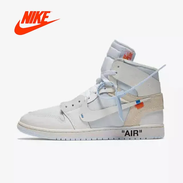 Official Original Nike Air Jordan 1 AJ1 OW Off White Men's basketball shoes Outdoor sports AQ0818-100 Torsion Bar Stability