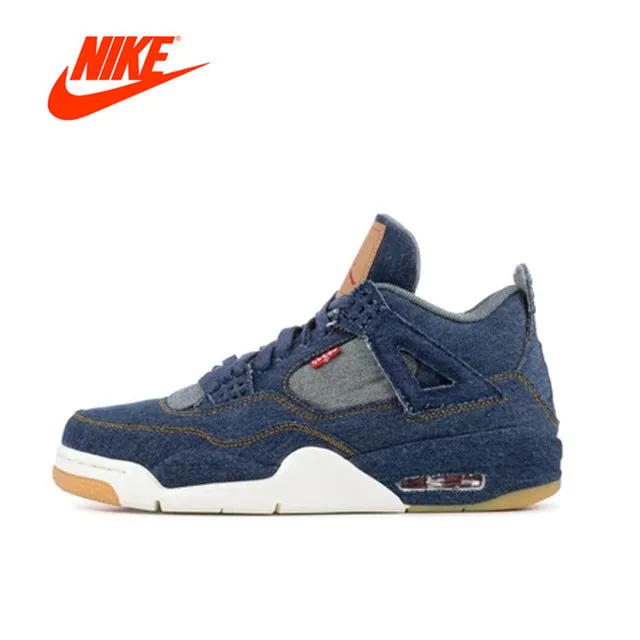 Original Nike Air Jordan 4 AJ4 Men's Denim Basketball Shoes Abrasion Resistant Toe