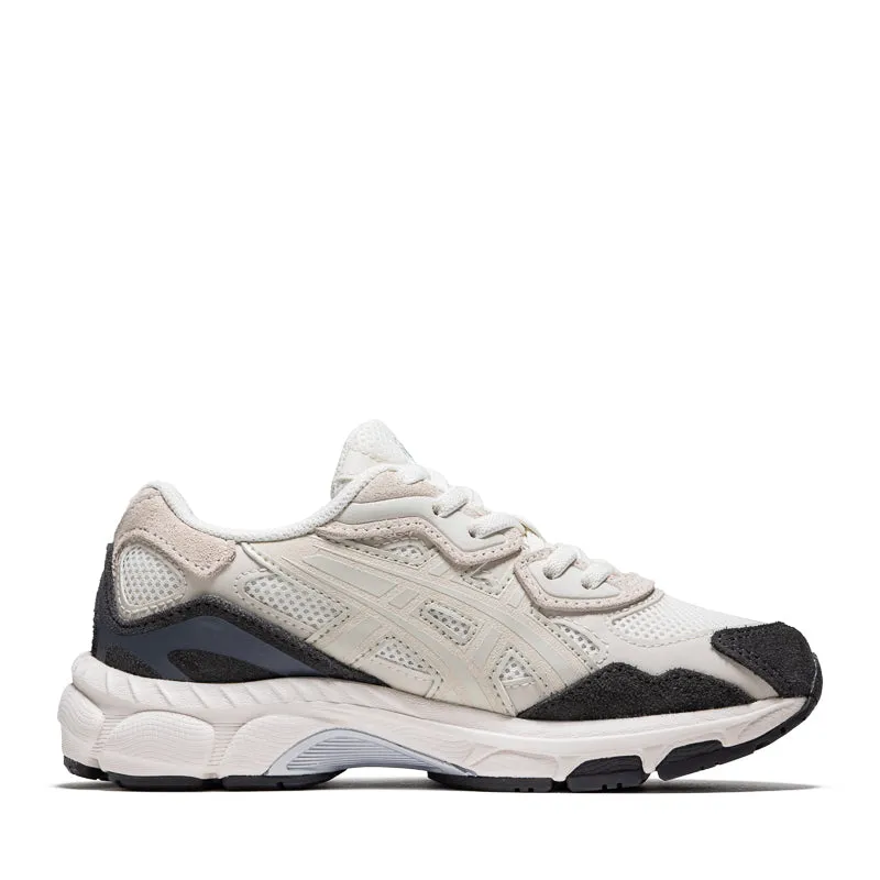 Asics Gel-NYC (PS) - Cream/Smoke Grey running in a concrete bridge area shoes