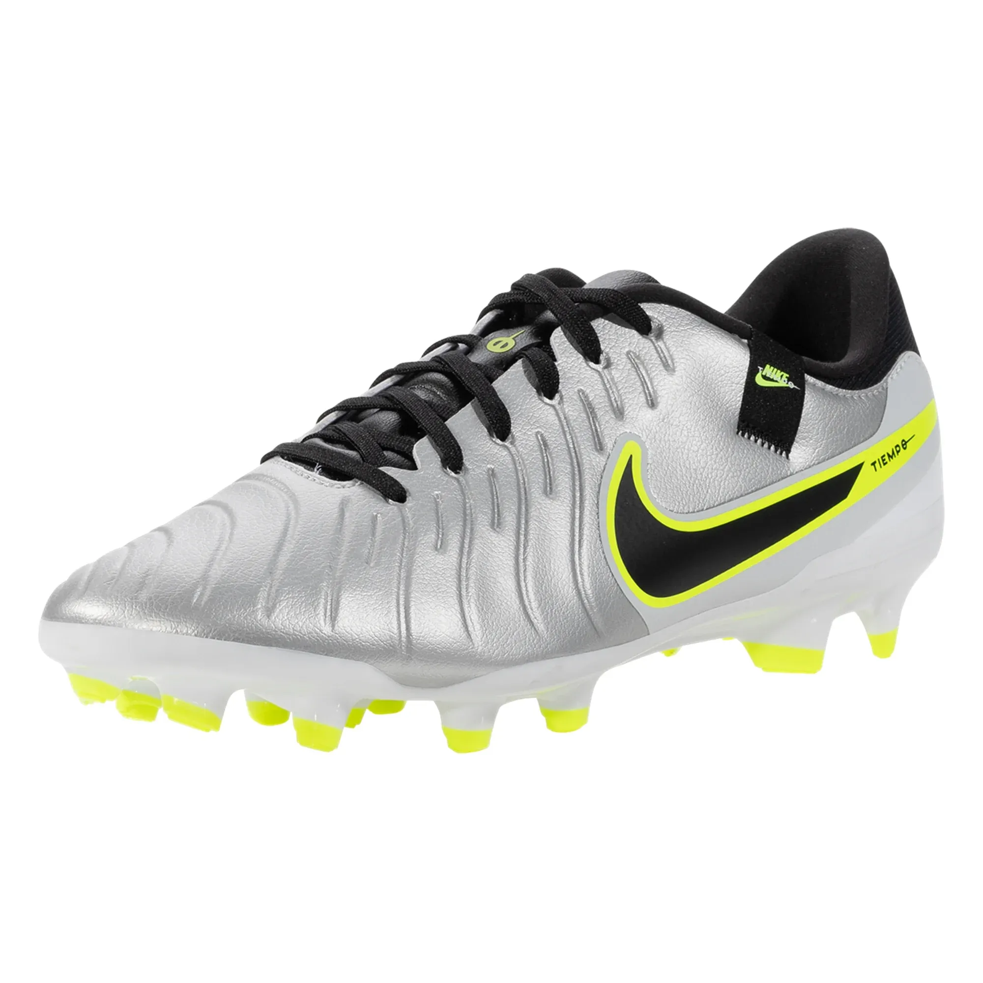 Nike Legend 10 Academy FG/MG Soccer Cleats (Metallic Silver/Black-Volt) flag football fabric upper shoes