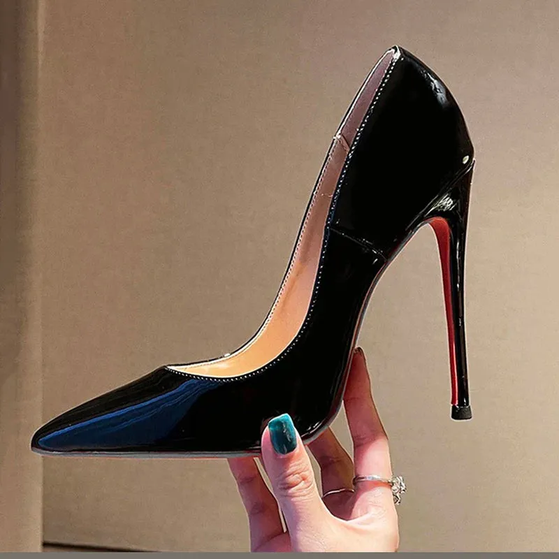 Sexy 12cm Thin High Heels Patent Leather Pointed Toe Comfortable Stilettos Celebrity For Pumps OL Wedding Dress Shoes Ladies Midsole Cushion Foam Cushioning