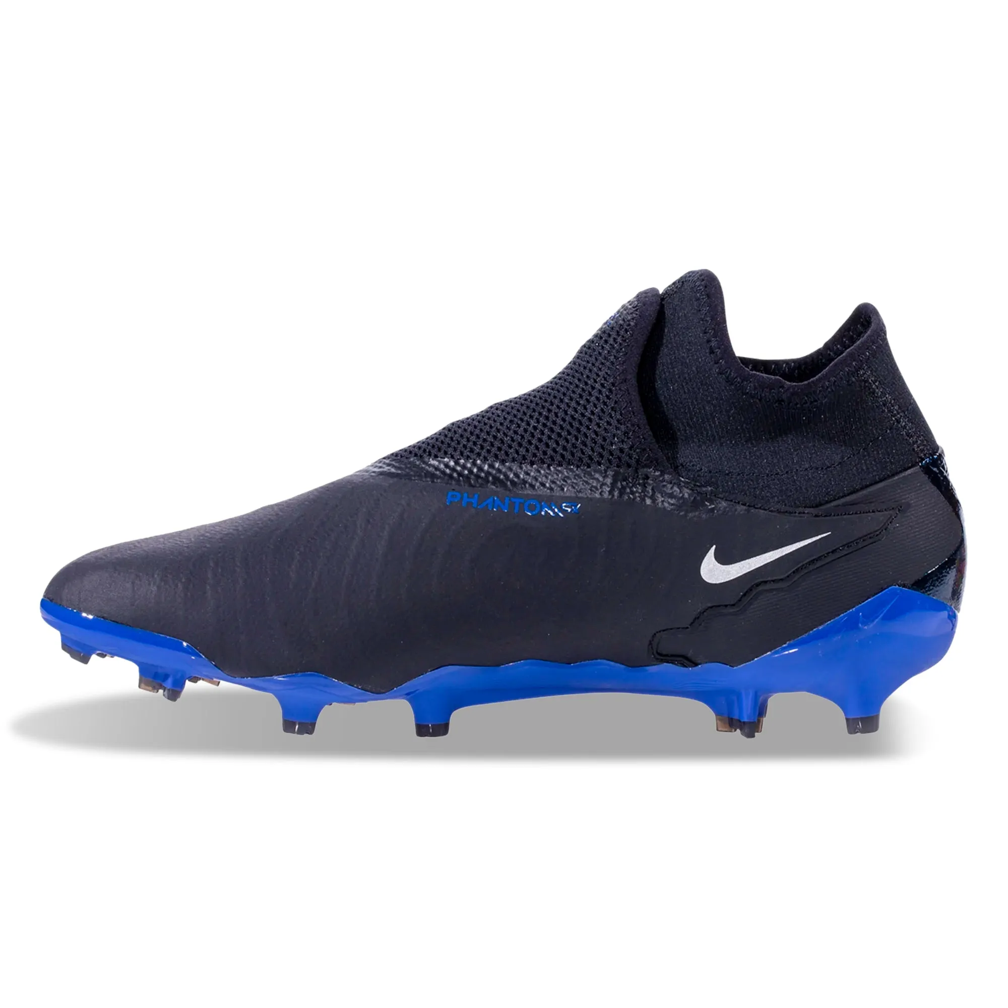 Stretchy Nike Phantom GX Pro DF Firm Ground Soccer Cleats (Black/Chrome-Hyper Royal)